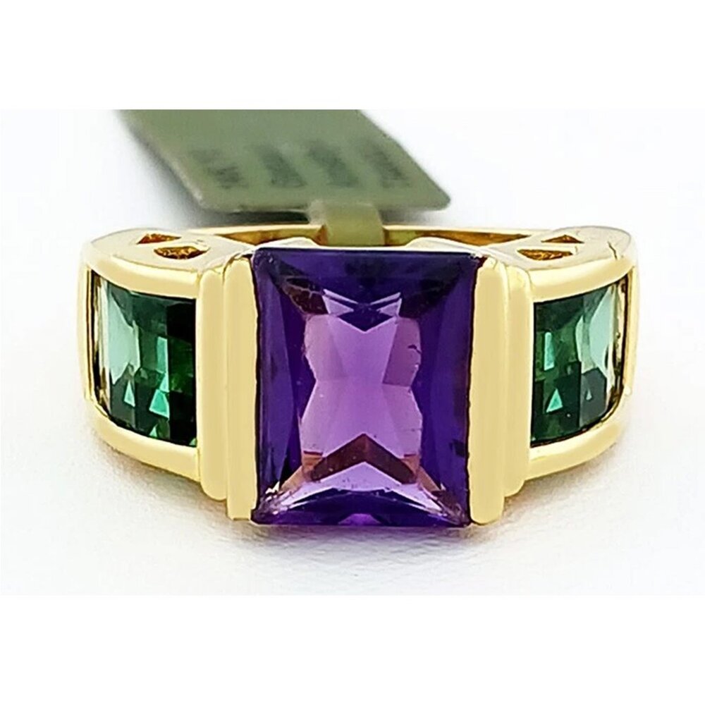 Genuine Amethyst & Coated Green Quartz Ring Solid 14k Yellow Gold